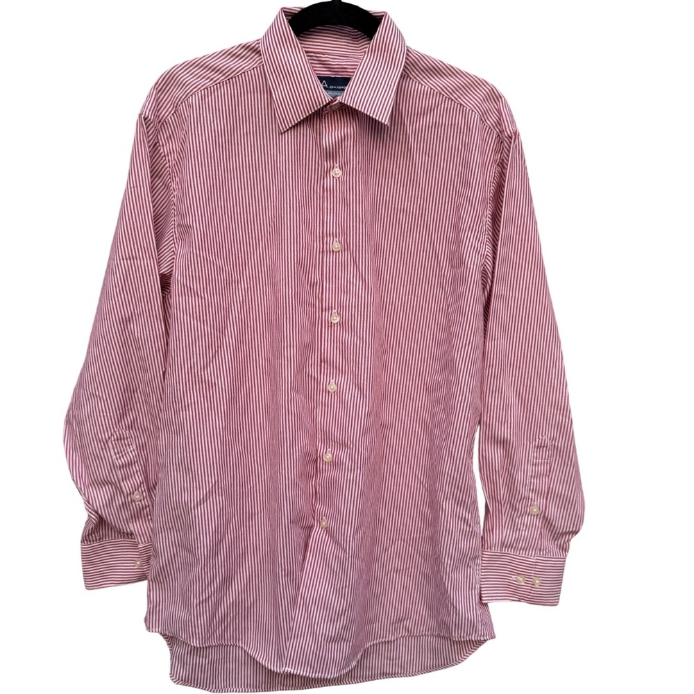 John Ashford Men Regular Fit Easy Care Striped Dress Shirt Red White Long Sleeve